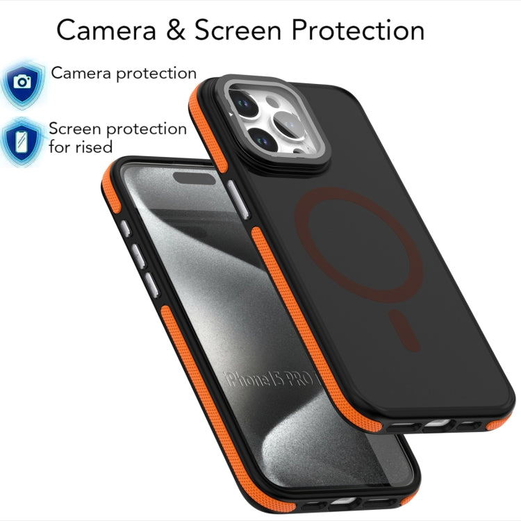 For iPhone 16 Pro Magsafe Dual-Color Skin Feel Lens Film Phone Case with Lens Fold Holder