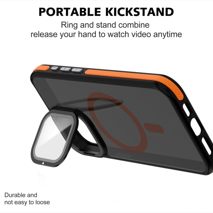 For iPhone 14 Plus Magsafe Dual-Color Skin Feel Lens Film Phone Case with Lens Fold Holder