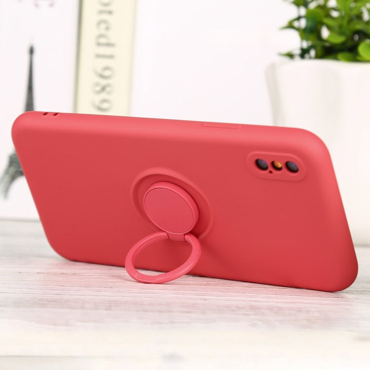 For iPhone XS Max Solid Color Liquid Silicone Shockproof Full Coverage Protective Case with Ring Holder