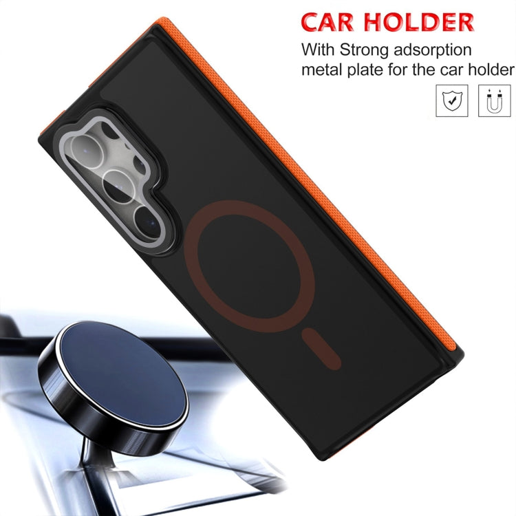 For Samsung Galaxy S24 Ultra 5G Magsafe Dual-Color Skin Feel Lens Film Phone Case with Lens Fold Holder