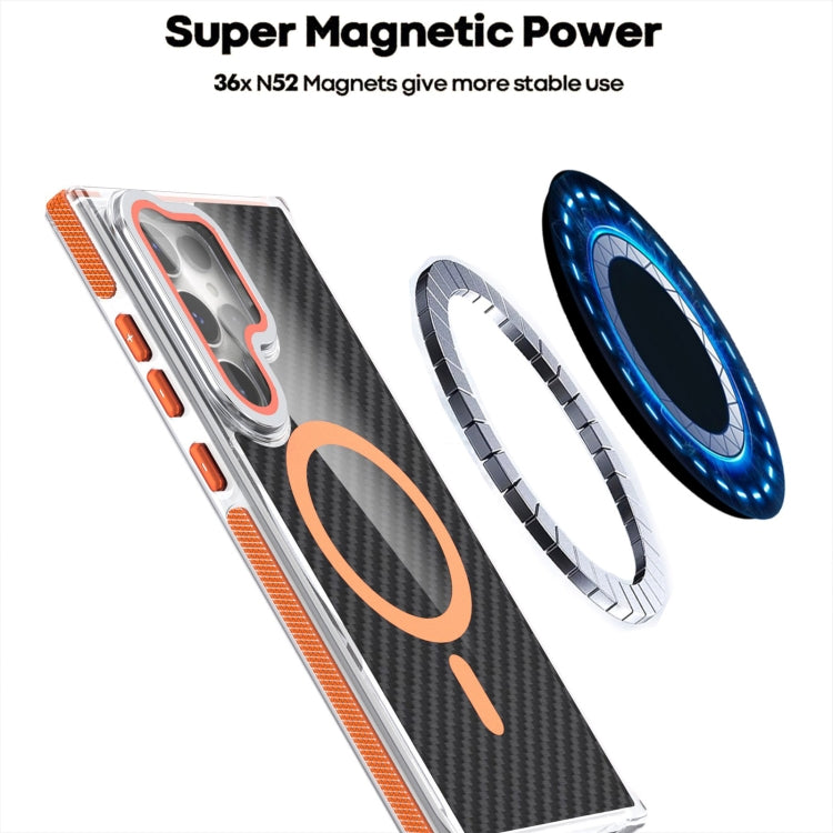 For Samsung Galaxy S24 Ultra 5G Magsafe Dual-Color Carbon Fiber Lens Film Phone Case with Lens Fold Holder