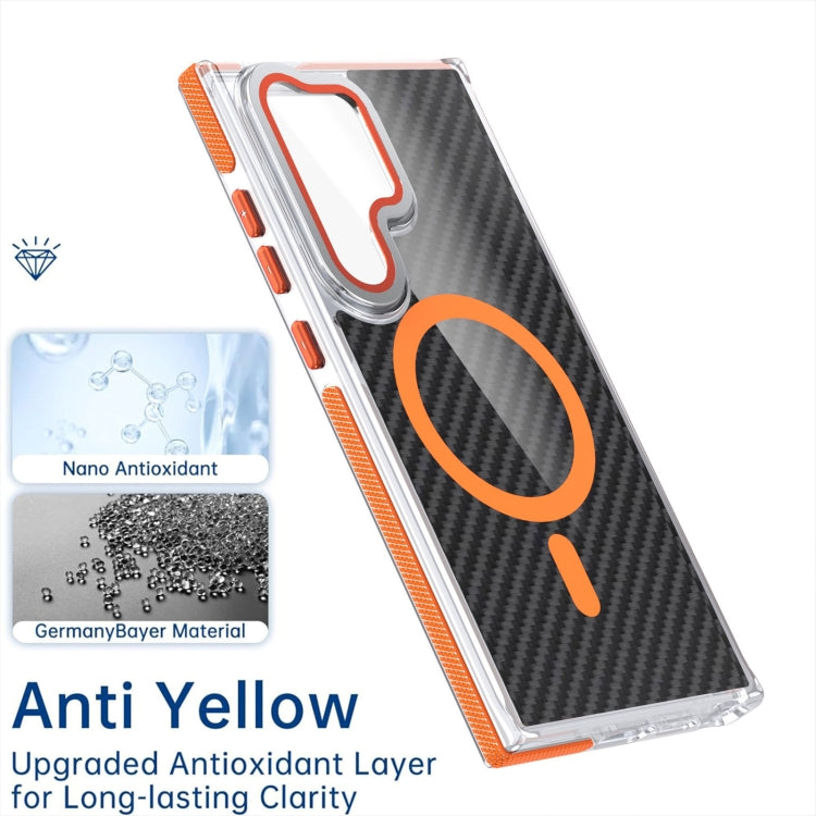For Samsung Galaxy S24 Ultra 5G Magsafe Dual-Color Carbon Fiber Lens Film Phone Case with Lens Fold Holder