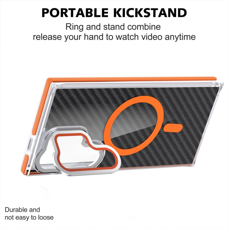 For Samsung Galaxy S24 Ultra 5G Magsafe Dual-Color Carbon Fiber Lens Film Phone Case with Lens Fold Holder