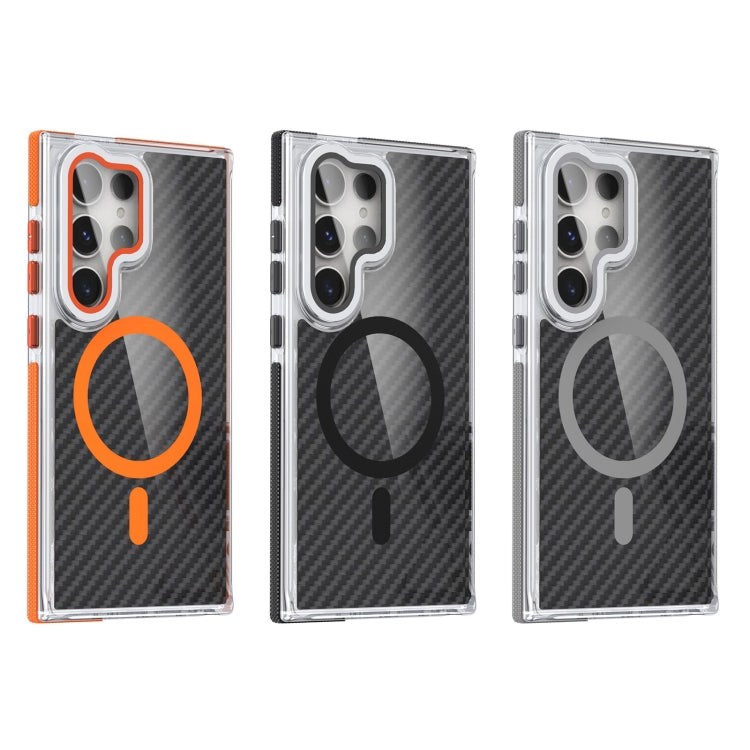 For Samsung Galaxy S24 Ultra 5G Magsafe Dual-Color Carbon Fiber Lens Film Phone Case with Lens Fold Holder