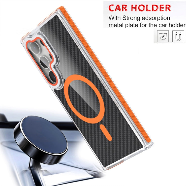For Samsung Galaxy S24 Ultra 5G Magsafe Dual-Color Carbon Fiber Lens Film Phone Case with Lens Fold Holder