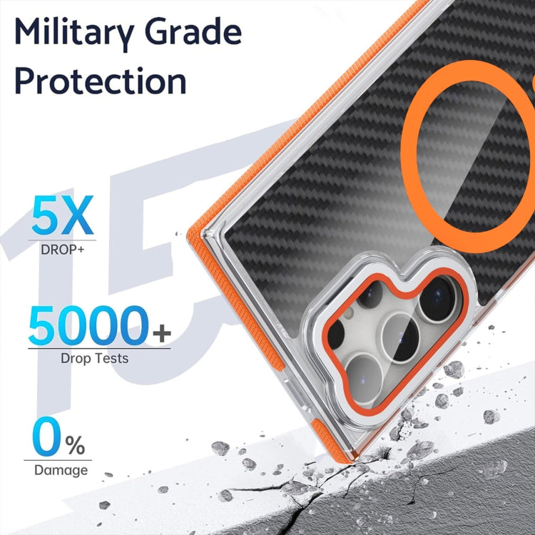For Samsung Galaxy S24 Ultra 5G Magsafe Dual-Color Carbon Fiber Lens Film Phone Case with Lens Fold Holder