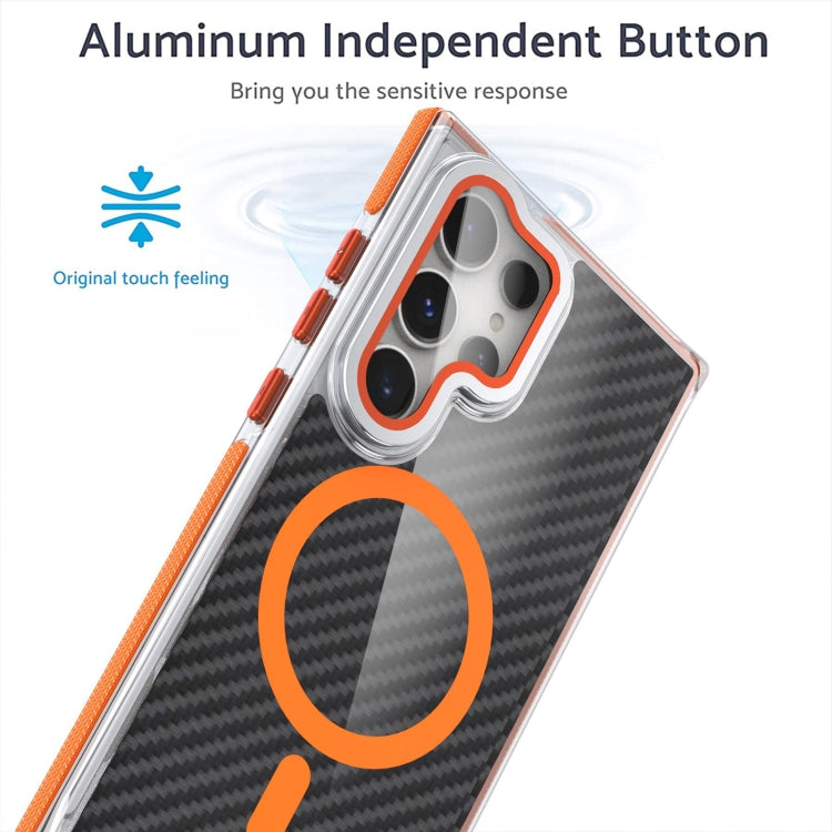 For Samsung Galaxy S24 Ultra 5G Magsafe Dual-Color Carbon Fiber Lens Film Phone Case with Lens Fold Holder
