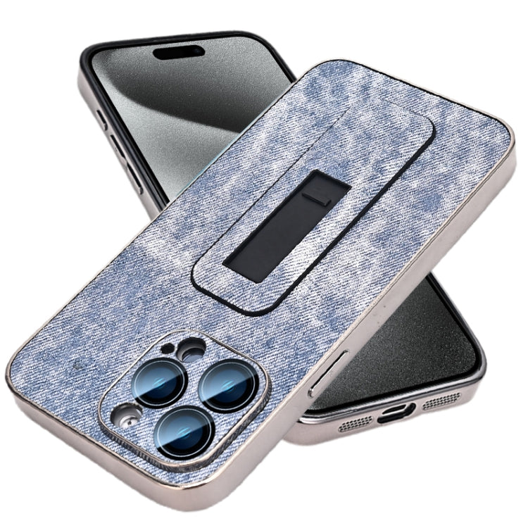 For iPhone 15 Pro Max Denim Pattern Electroplated Push-pull Bracket Cooling Phone Case