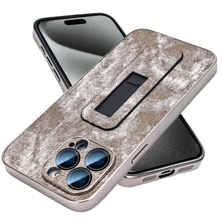 For iPhone 15 Pro Max Denim Pattern Electroplated Push-pull Bracket Cooling Phone Case