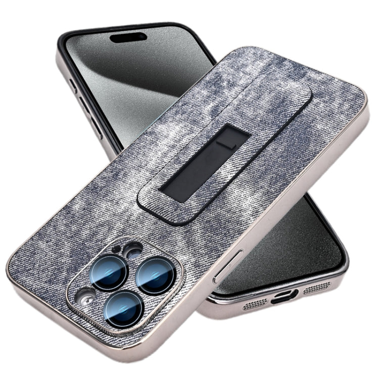 For iPhone 15 Pro Max Denim Pattern Electroplated Push-pull Bracket Cooling Phone Case