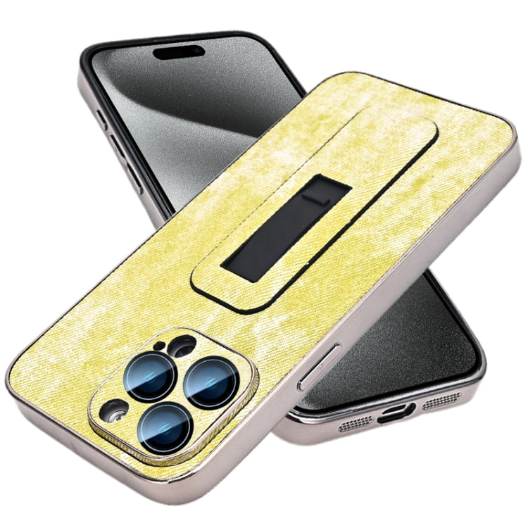 For iPhone 15 Pro Denim Pattern Electroplated Push-pull Bracket Cooling Phone Case