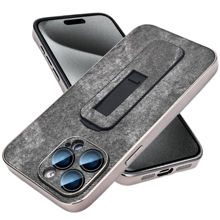 For iPhone 15 Pro Denim Pattern Electroplated Push-pull Bracket Cooling Phone Case