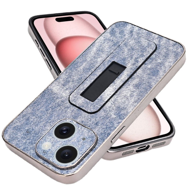 For iPhone 15 Plus Denim Pattern Electroplated Push-pull Bracket Cooling Phone Case