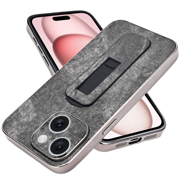 For iPhone 15 Plus Denim Pattern Electroplated Push-pull Bracket Cooling Phone Case