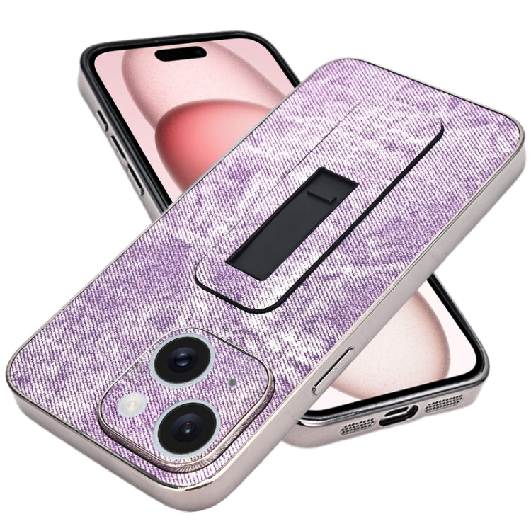 For iPhone 15 Plus Denim Pattern Electroplated Push-pull Bracket Cooling Phone Case