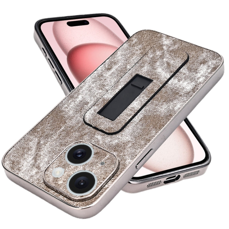 For iPhone 15 Denim Pattern Electroplated Push-pull Bracket Cooling Phone Case