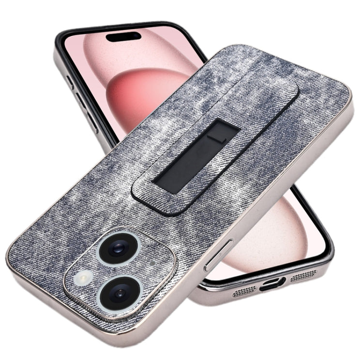 For iPhone 15 Denim Pattern Electroplated Push-pull Bracket Cooling Phone Case