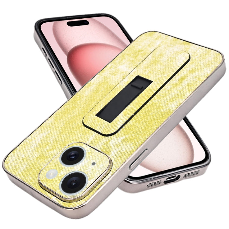 For iPhone 15 Denim Pattern Electroplated Push-pull Bracket Cooling Phone Case