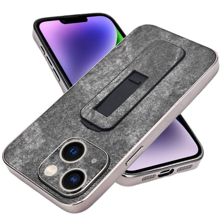 For iPhone 14 Plus Denim Pattern Electroplated Push-pull Bracket Cooling Phone Case