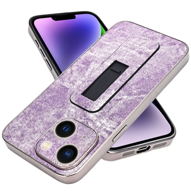For iPhone 14 Plus Denim Pattern Electroplated Push-pull Bracket Cooling Phone Case