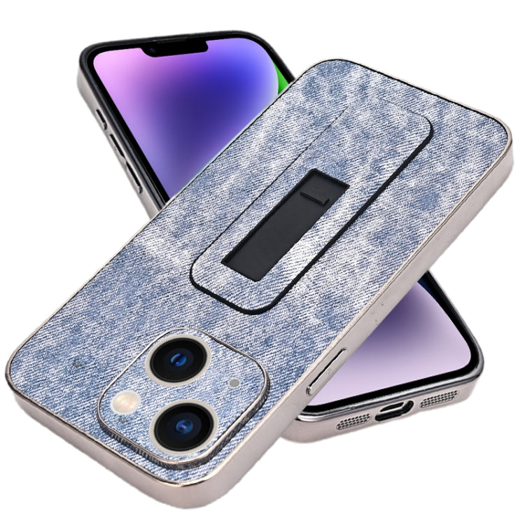 For iPhone 14 Denim Pattern Electroplated Push-pull Bracket Cooling Phone Case