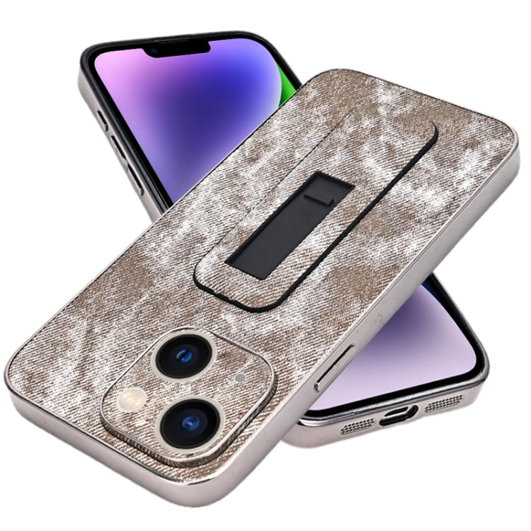 For iPhone 14 Denim Pattern Electroplated Push-pull Bracket Cooling Phone Case
