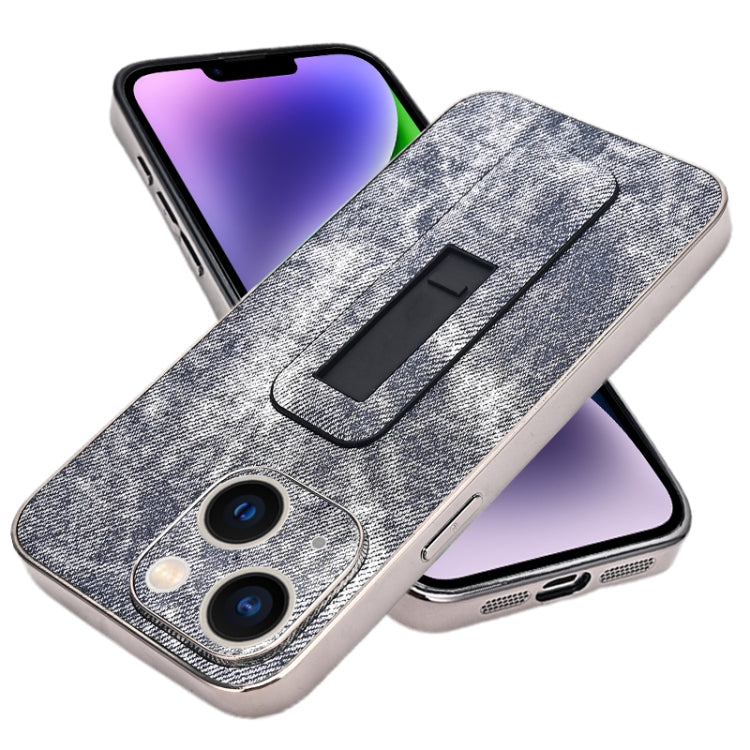 For iPhone 14 Denim Pattern Electroplated Push-pull Bracket Cooling Phone Case
