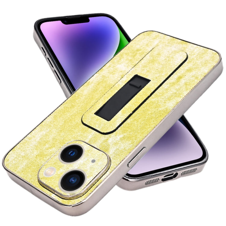 For iPhone 14 Denim Pattern Electroplated Push-pull Bracket Cooling Phone Case