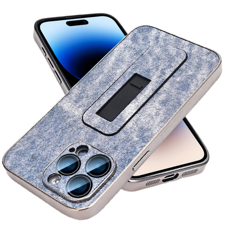 For iPhone 14 Pro Denim Pattern Electroplated Push-pull Bracket Cooling Phone Case