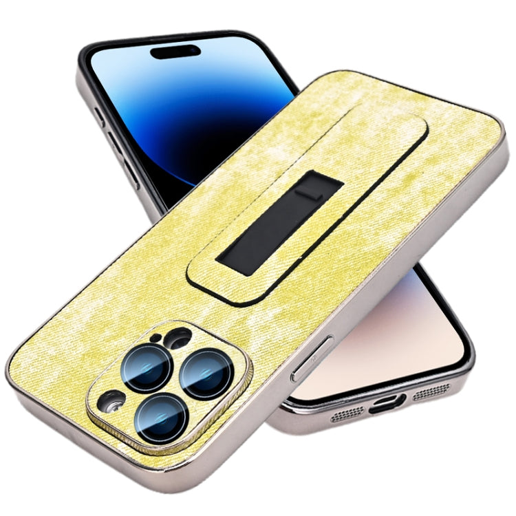 For iPhone 14 Pro Denim Pattern Electroplated Push-pull Bracket Cooling Phone Case