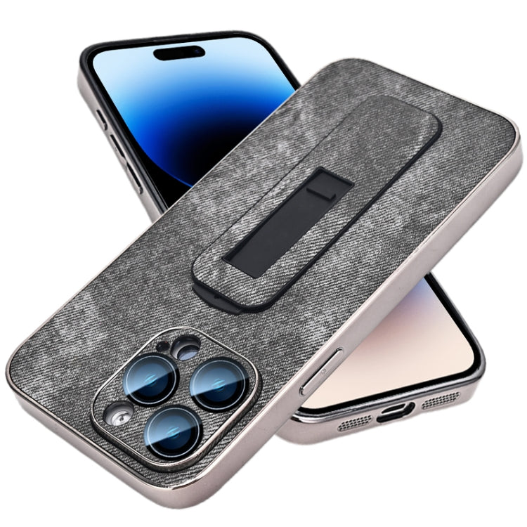 For iPhone 14 Pro Denim Pattern Electroplated Push-pull Bracket Cooling Phone Case