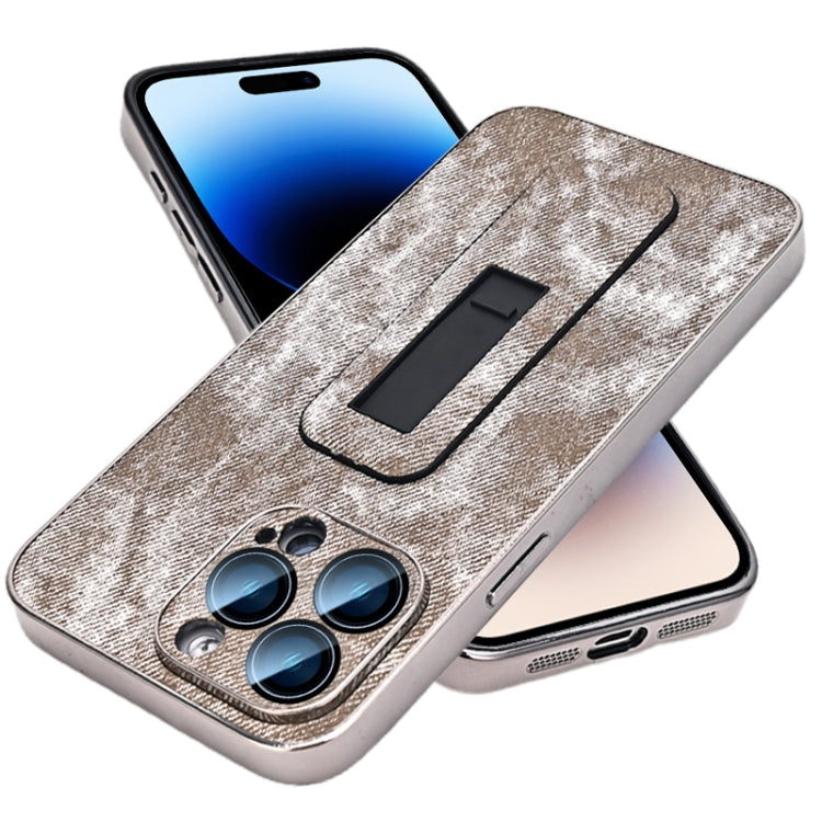 For iPhone 14 Pro Max Denim Pattern Electroplated Push-pull Bracket Cooling Phone Case