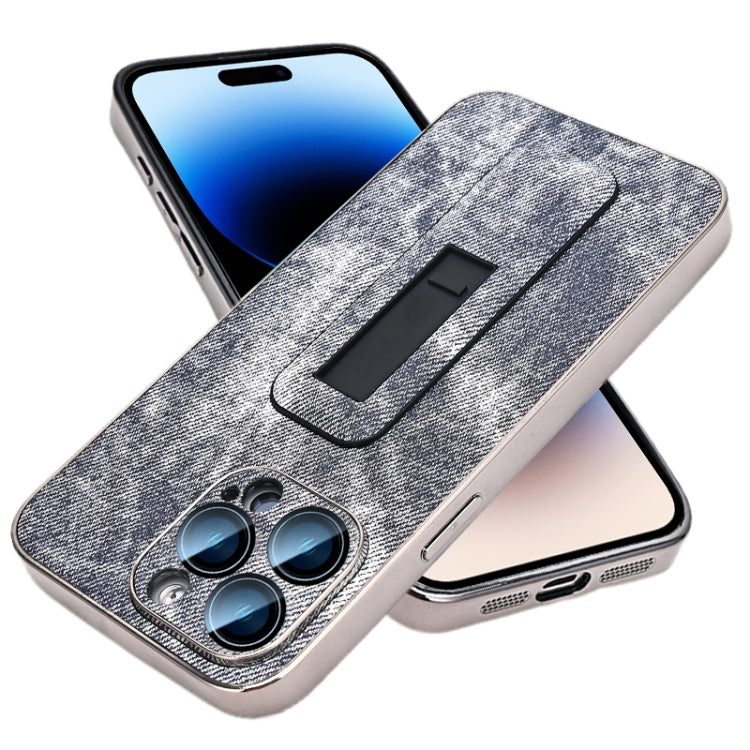 For iPhone 14 Pro Max Denim Pattern Electroplated Push-pull Bracket Cooling Phone Case