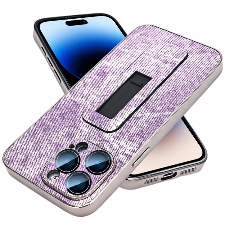 For iPhone 14 Pro Max Denim Pattern Electroplated Push-pull Bracket Cooling Phone Case
