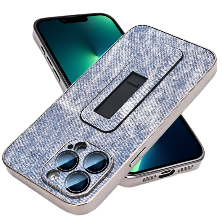 For iPhone 13 Pro Max Denim Pattern Electroplated Push-pull Bracket Cooling Phone Case