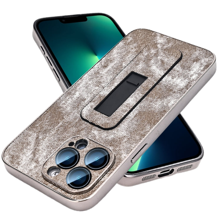 For iPhone 13 Pro Max Denim Pattern Electroplated Push-pull Bracket Cooling Phone Case