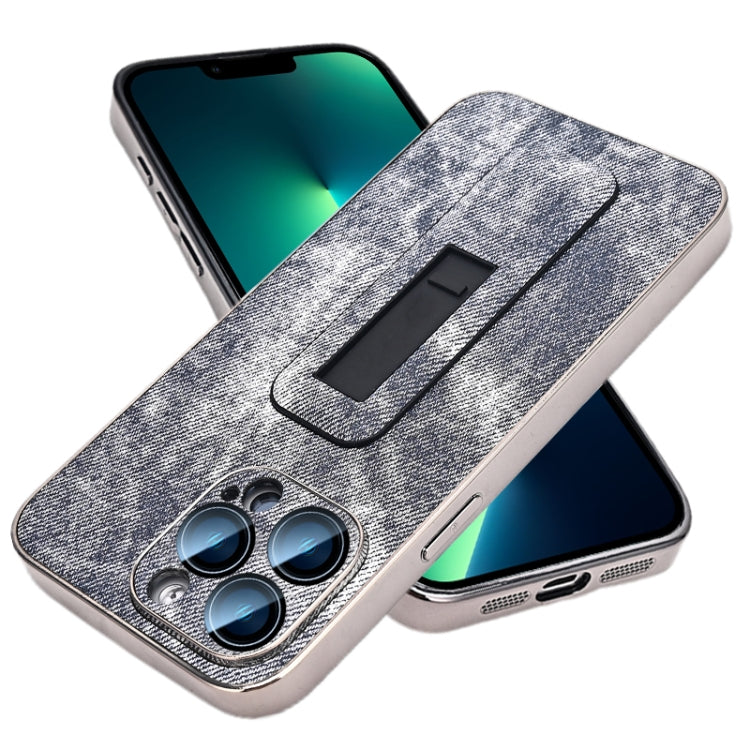For iPhone 13 Pro Max Denim Pattern Electroplated Push-pull Bracket Cooling Phone Case