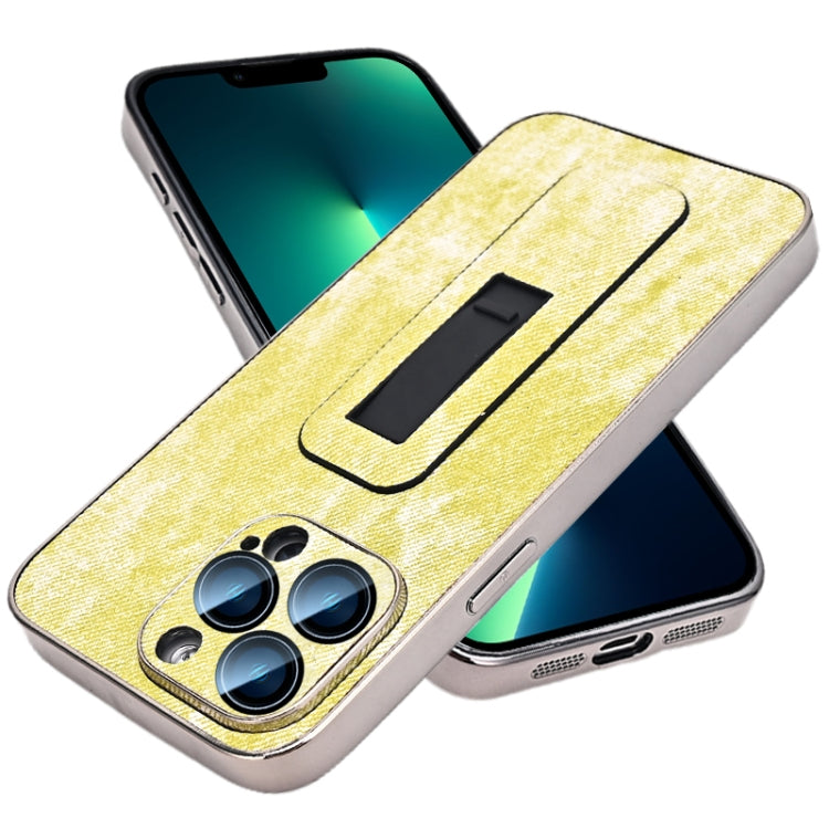 For iPhone 13 Pro Max Denim Pattern Electroplated Push-pull Bracket Cooling Phone Case