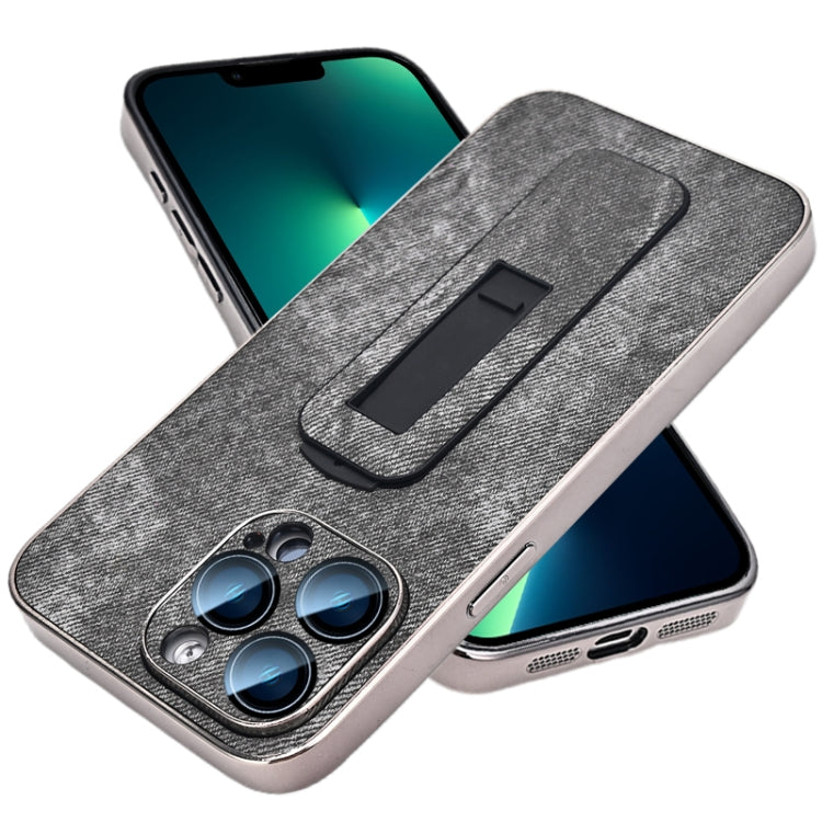 For iPhone 13 Pro Max Denim Pattern Electroplated Push-pull Bracket Cooling Phone Case