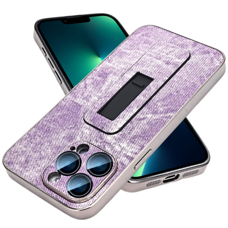 For iPhone 13 Pro Max Denim Pattern Electroplated Push-pull Bracket Cooling Phone Case