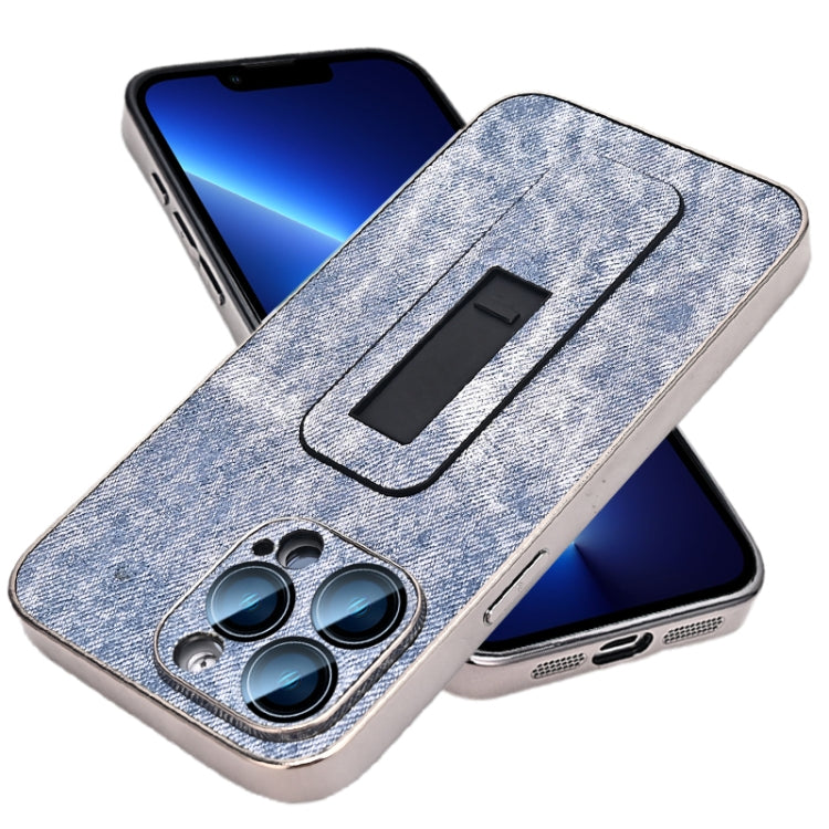 For iPhone 13 Pro Denim Pattern Electroplated Push-pull Bracket Cooling Phone Case