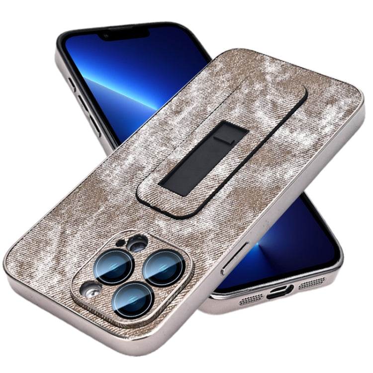 For iPhone 13 Pro Denim Pattern Electroplated Push-pull Bracket Cooling Phone Case