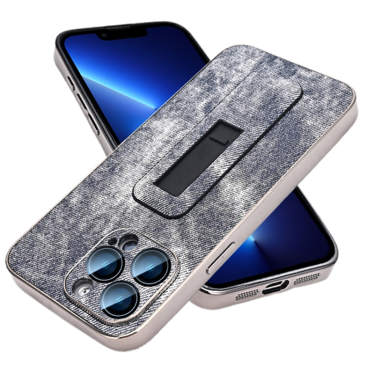 For iPhone 13 Pro Denim Pattern Electroplated Push-pull Bracket Cooling Phone Case