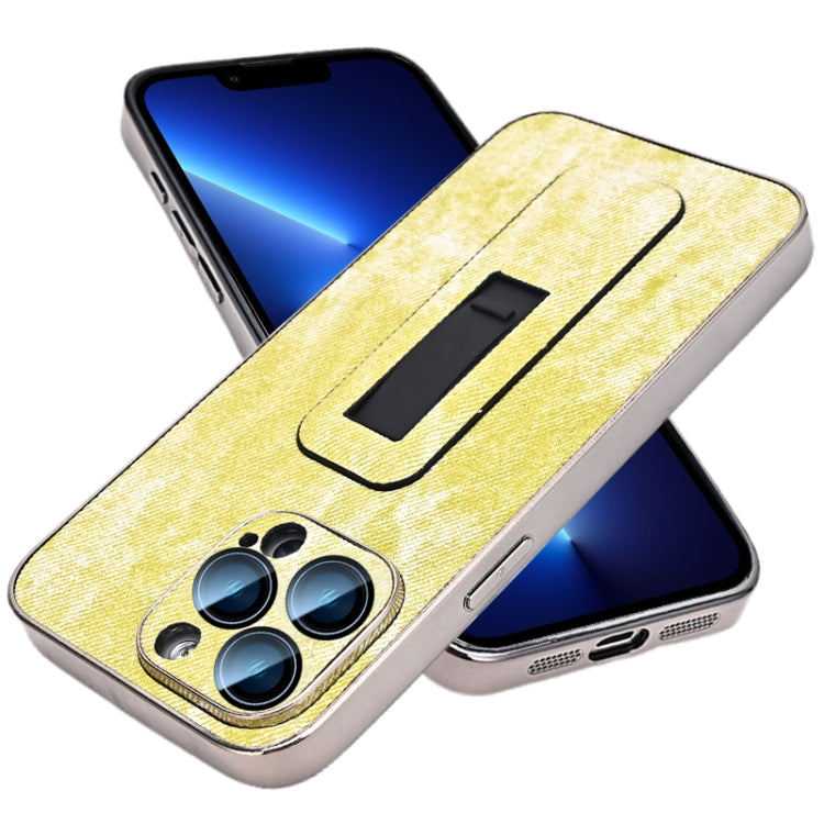 For iPhone 13 Pro Denim Pattern Electroplated Push-pull Bracket Cooling Phone Case