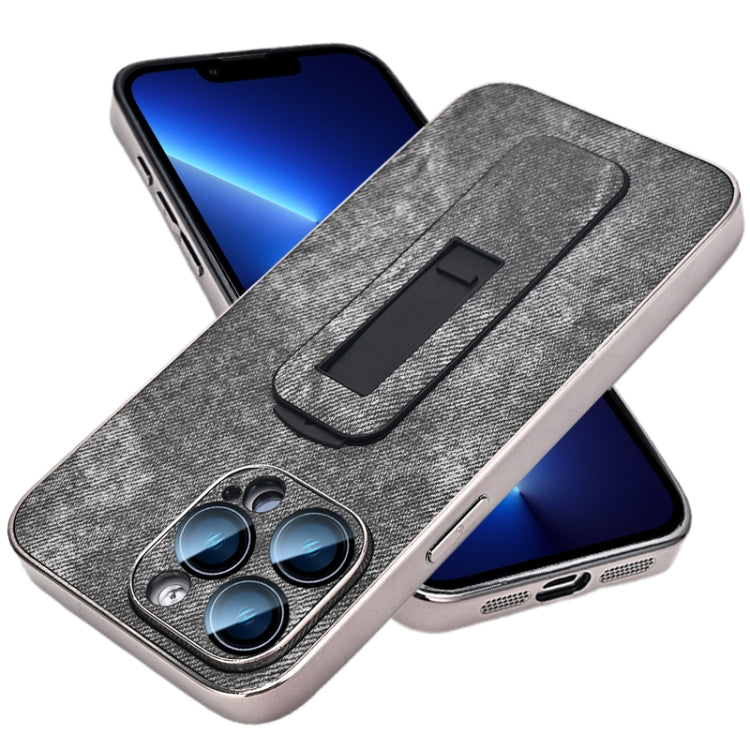 For iPhone 13 Pro Denim Pattern Electroplated Push-pull Bracket Cooling Phone Case
