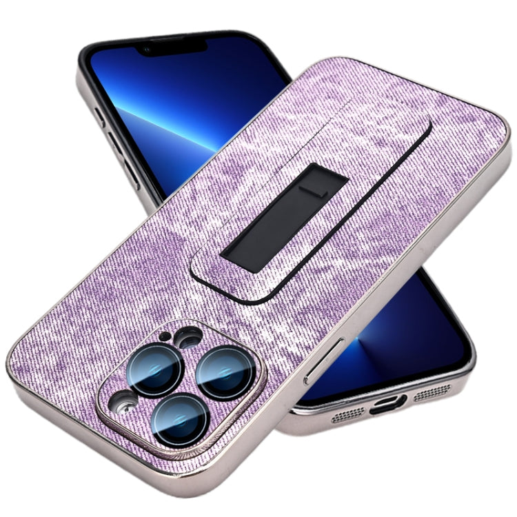 For iPhone 13 Pro Denim Pattern Electroplated Push-pull Bracket Cooling Phone Case