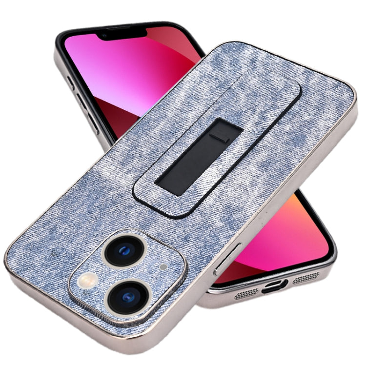 For iPhone 13 Denim Pattern Electroplated Push-pull Bracket Cooling Phone Case