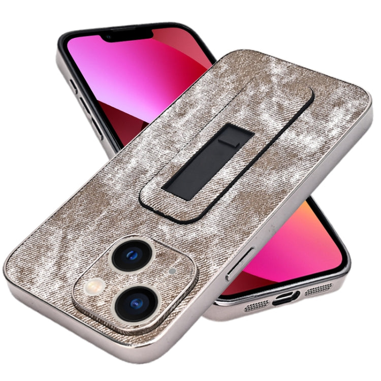 For iPhone 13 Denim Pattern Electroplated Push-pull Bracket Cooling Phone Case