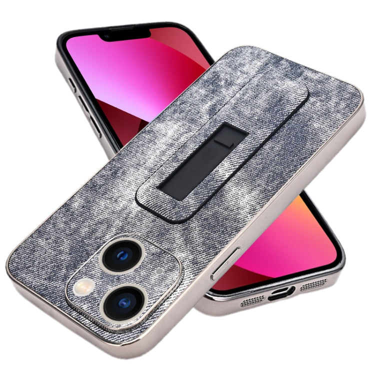 For iPhone 13 Denim Pattern Electroplated Push-pull Bracket Cooling Phone Case