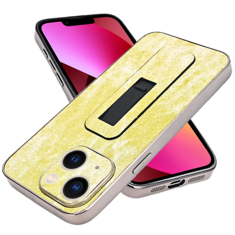 For iPhone 13 Denim Pattern Electroplated Push-pull Bracket Cooling Phone Case